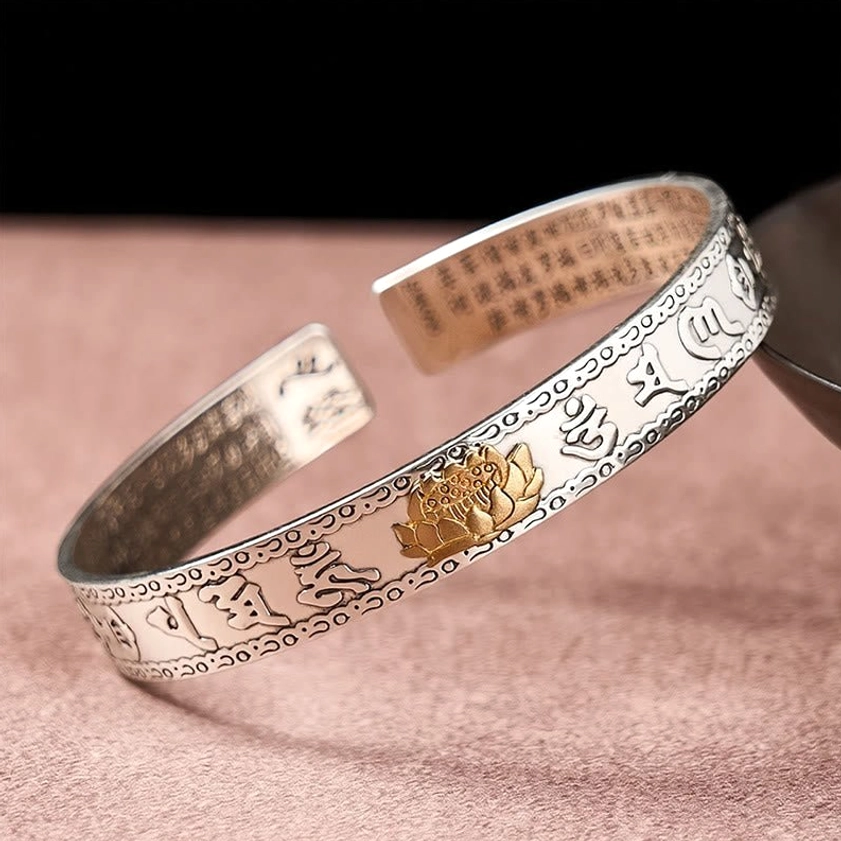 Lotus silver bangle bracelet with enlightenment and rebirth symbol for spiritual awakening and resilience