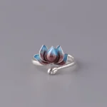 925 sterling silver lotus adjustable ring front view with blue and brown enamel flower detail