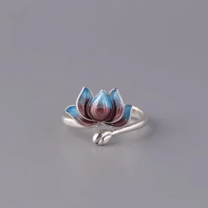 925 sterling silver lotus adjustable ring front view with blue and brown enamel flower detail