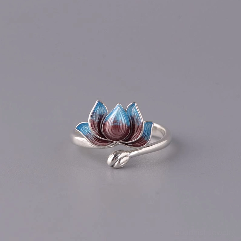 925 sterling silver lotus adjustable ring front view with blue and brown enamel flower detail