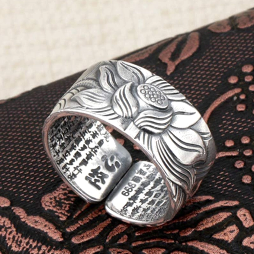 Hand-Engraved Lotus Stem and Full Heart Sutra Buddhist Ring – Aged Sterling Silver Finish