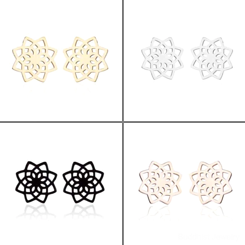 Grid layout showcasing all four lotus stud earring variants in gold silver black and rose gold finishes