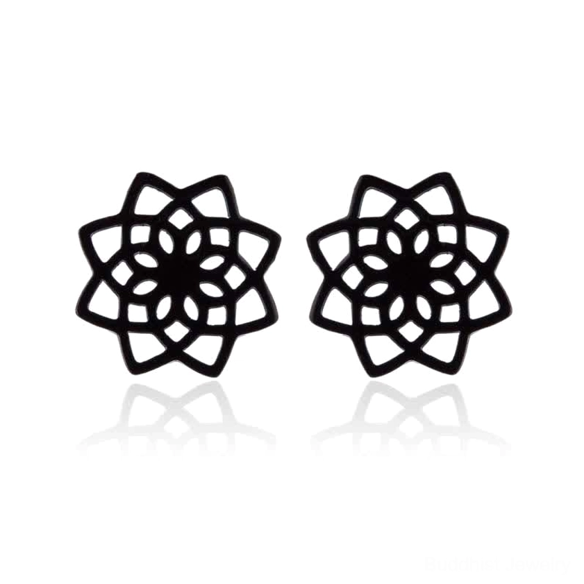 Black matte lotus stud earrings with contemporary finish and sacred lotus flower geometric pattern