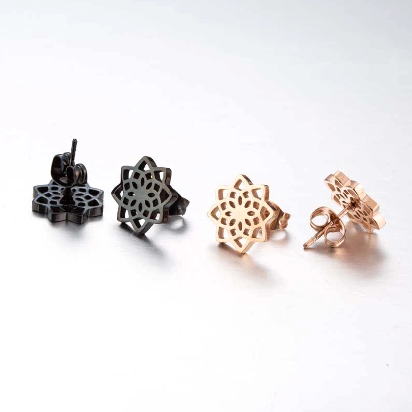 Lotus stud earrings collection in multiple colors with secure back stoppers and all finish options displayed