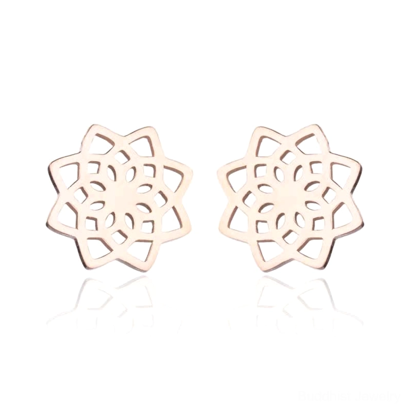 Rose gold lotus stud earrings featuring soft rose gold finish and hollow lotus flower cutout design