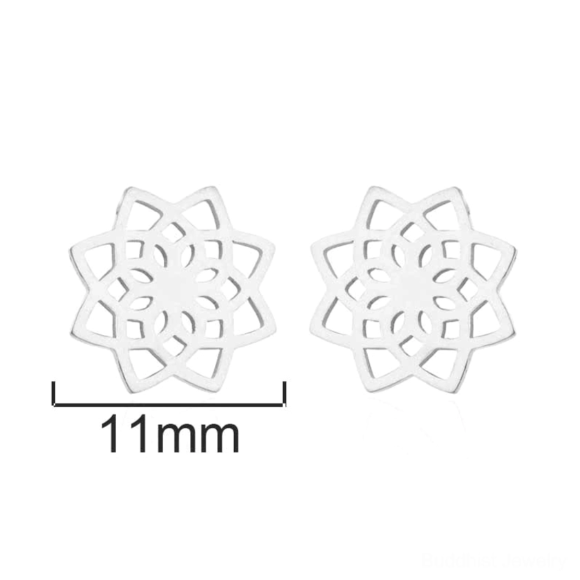 Silver lotus stud earrings with 11mm diameter measurement showcasing minimalist geometric floral pattern