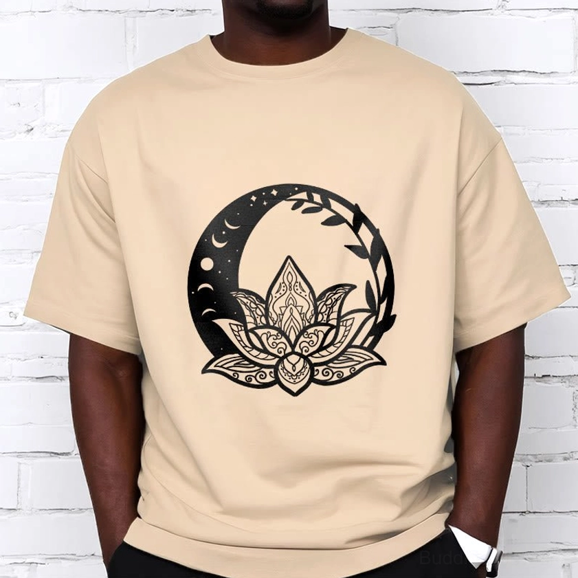 Sacred lotus flower sun moon intertwining vines Buddhist t-shirt detail print closeup