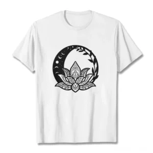 Sacred lotus flower sun moon vine print Buddhist cotton t-shirt front flat lay white background