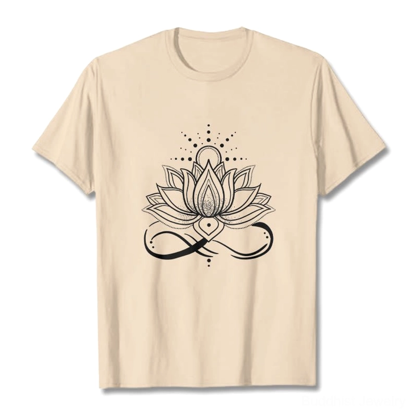 Lotus flower sun design Buddhist t-shirt detail shot showing white ink printing quality and graphic clarity