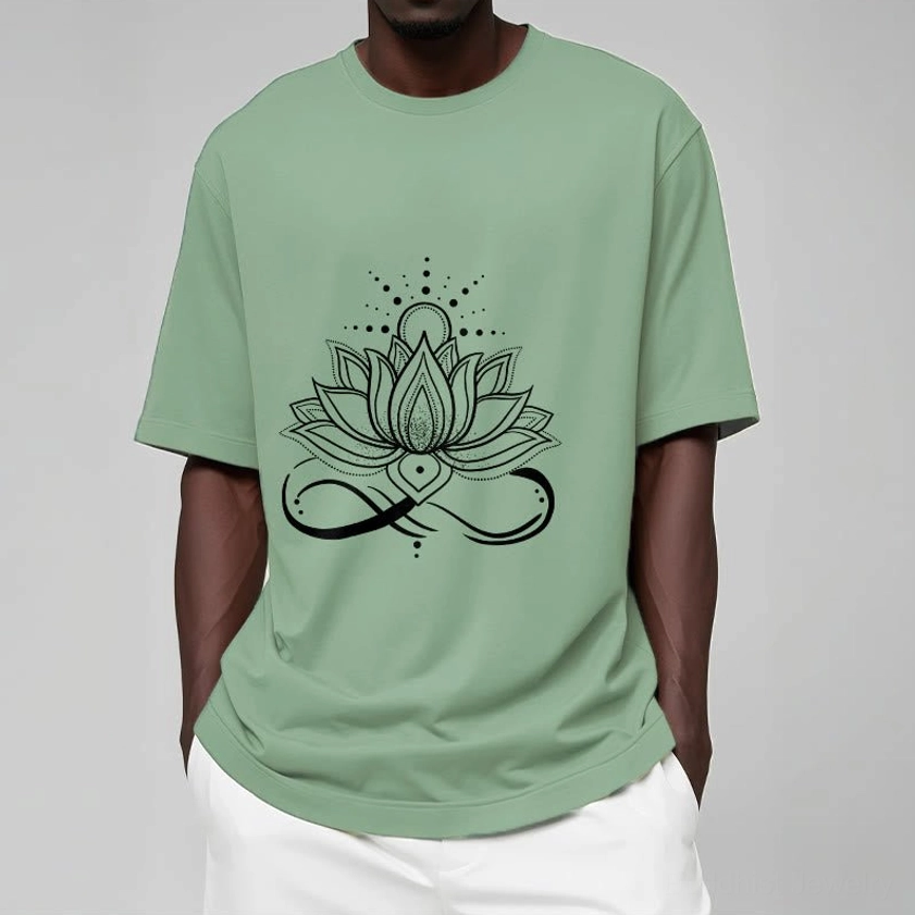 Lotus sun Buddhist t-shirt side profile view showing relaxed unisex fit and print placement accuracy