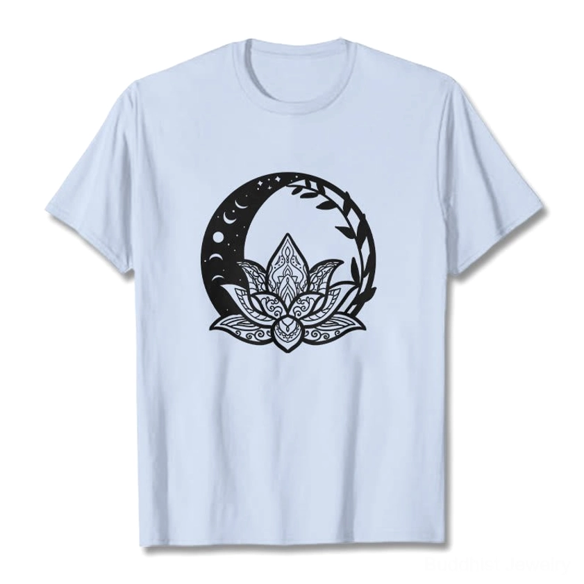 Light cyan Buddhist lotus graphic t-shirt sun moon vines print unisex crew neck casual