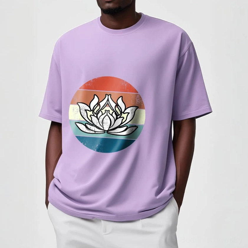 Buddhist lotus t-shirt close-up of white ink film printing showing design clarity