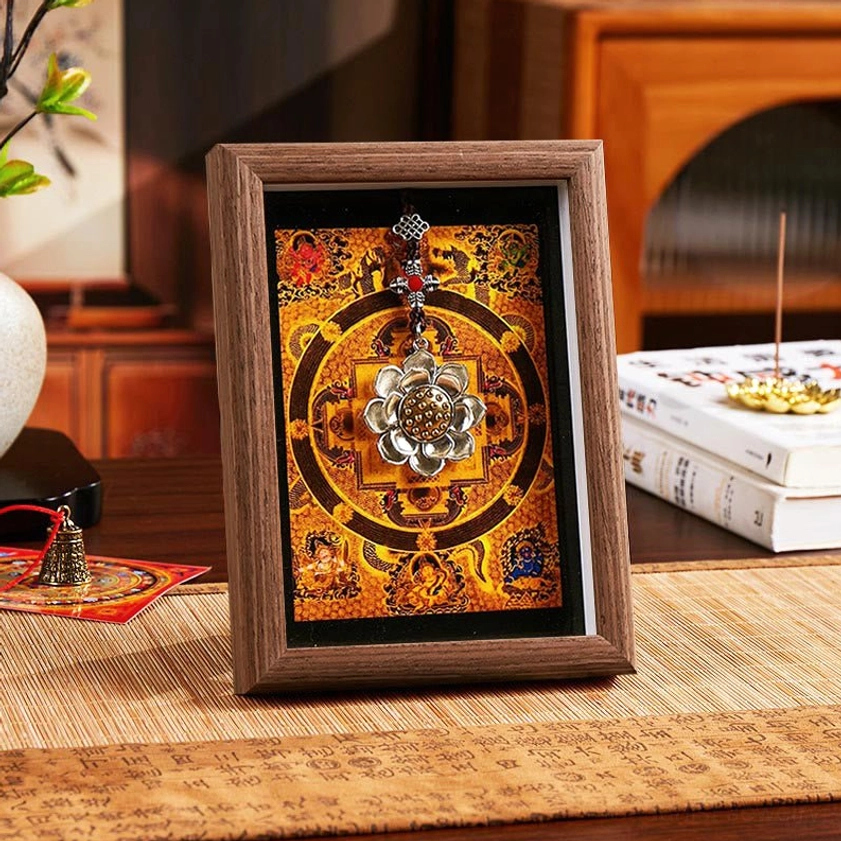 Buddhist lotus thangka photo frame with golden yellow mandala background in dark brown wood finish