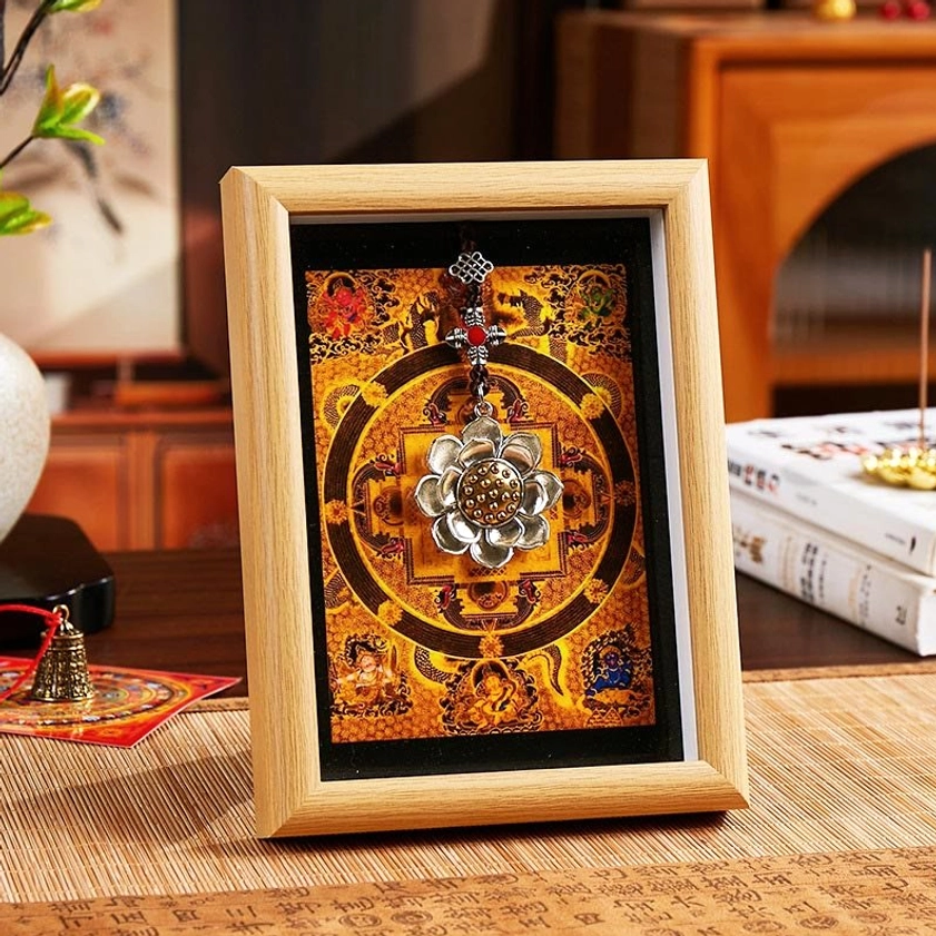 Handcrafted lotus thangka frame featuring yellow-red mandala in light natural wood, spiritual home décor