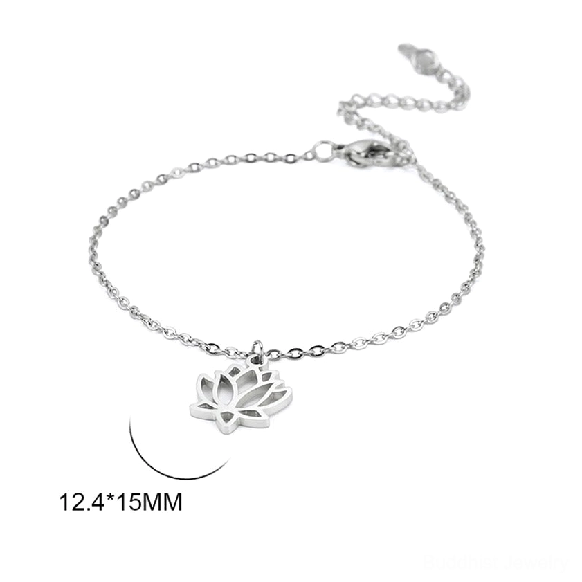 Titanium steel lotus bracelet with 12.4×15mm pendant and adjustable silver chain