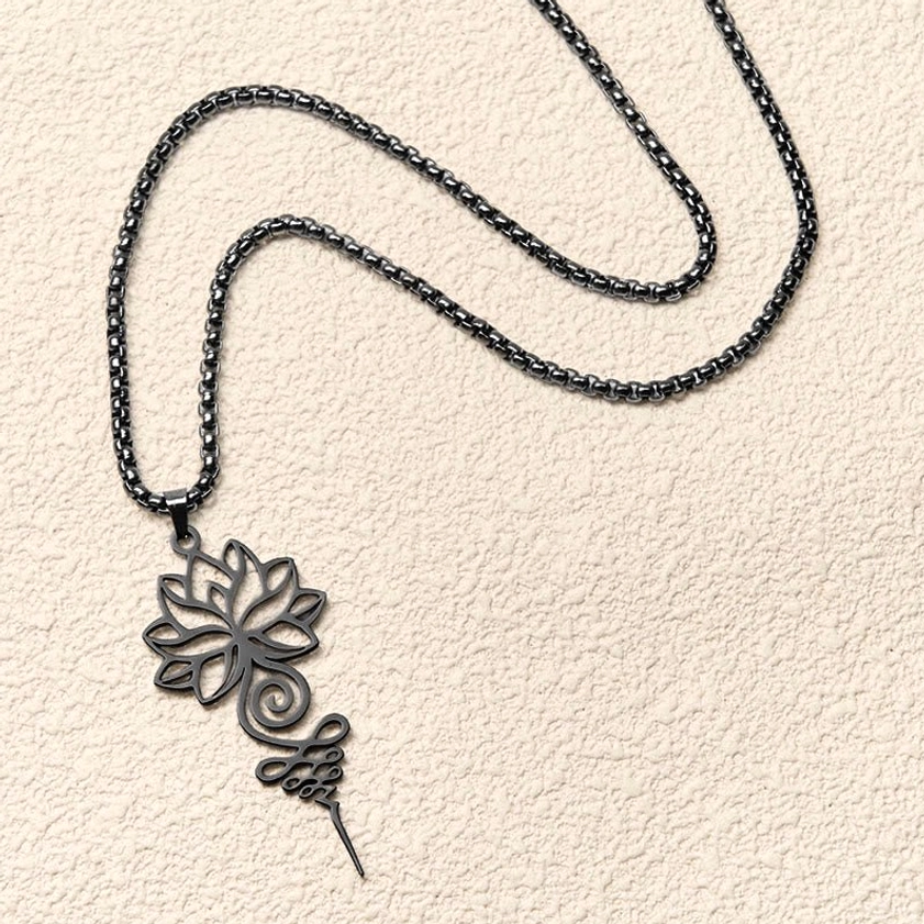 Lotus unalome chakra necklace styling view with chain detail showing box-link metal construction and polish finish