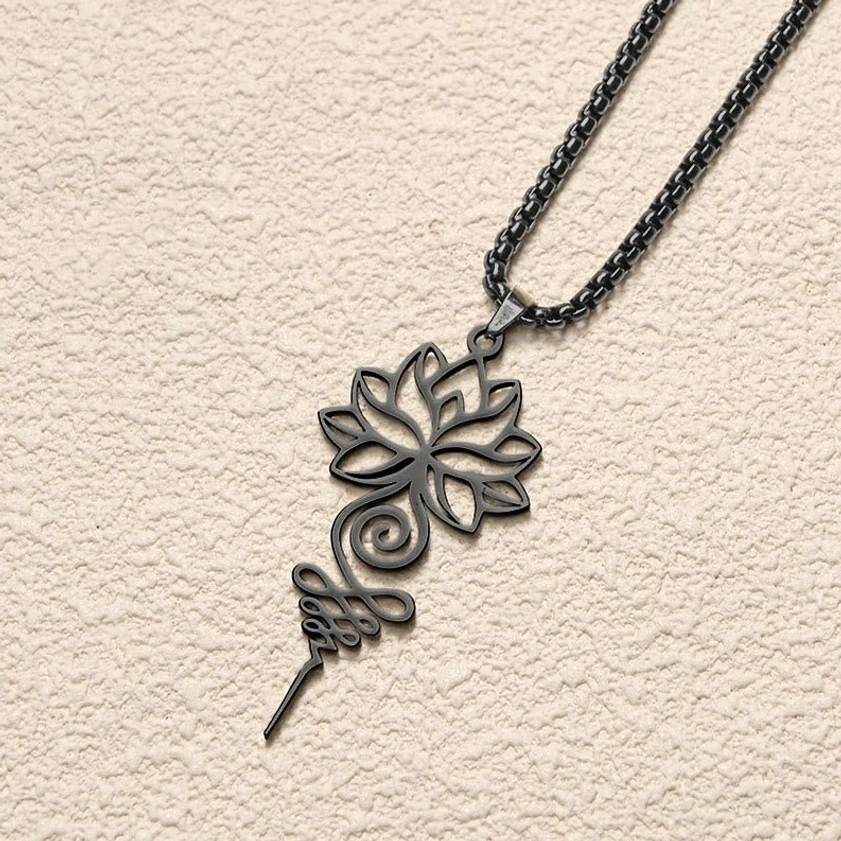 Lotus unalome Buddhist necklace size comparison showing pendant dimensions relative to standard measurements