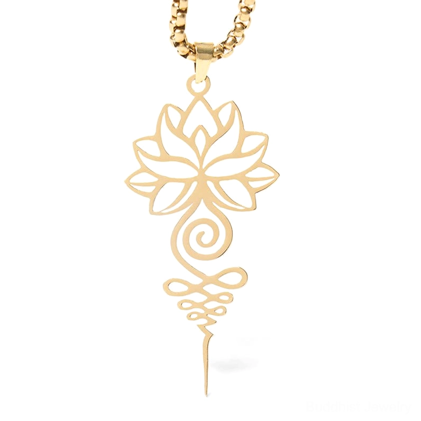 Lotus unalome necklace specification and material information card showing dimensions and craftsmanship details