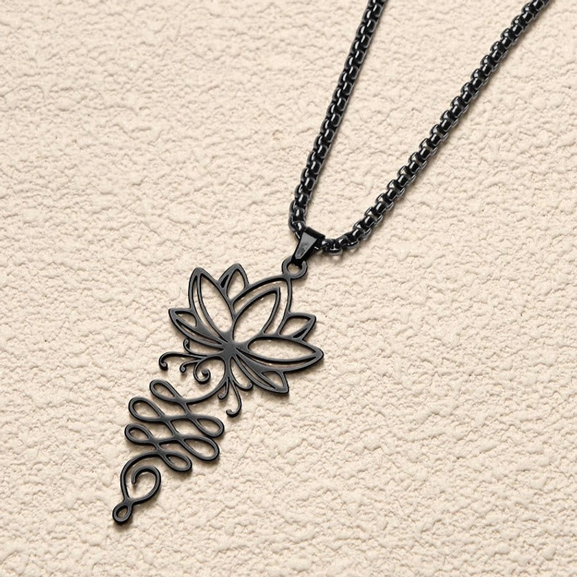 Black stainless steel lotus unalome chakra necklace pendant with chain display