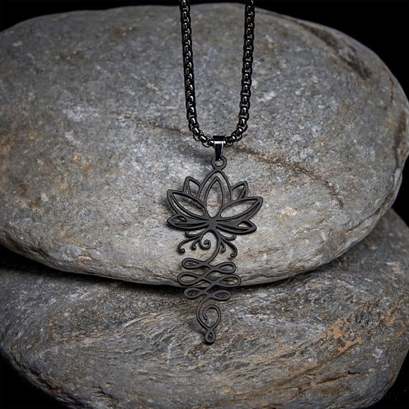 Lotus unalome chakra Buddhist necklace black stainless steel pendant spiritual jewelry