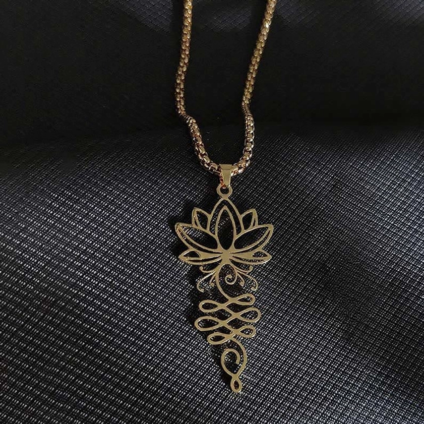 Lotus unalome chakra necklace gold finish stainless steel pendant with twisted chain