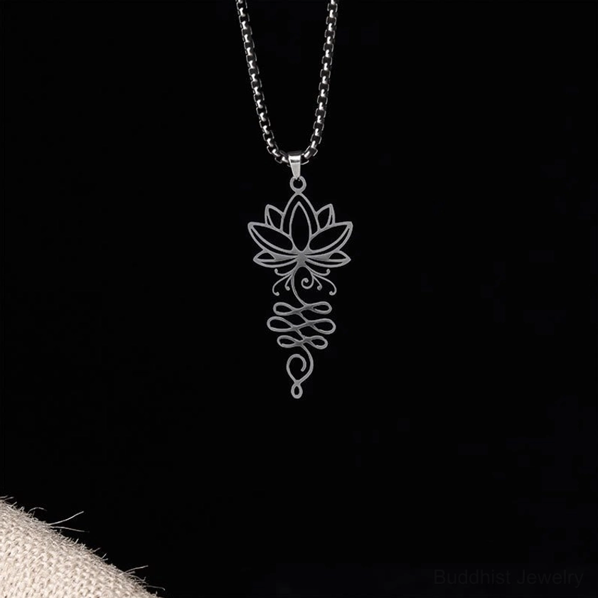 Lotus unalome necklace black finish hollow carved Buddhist pendant close-up detail