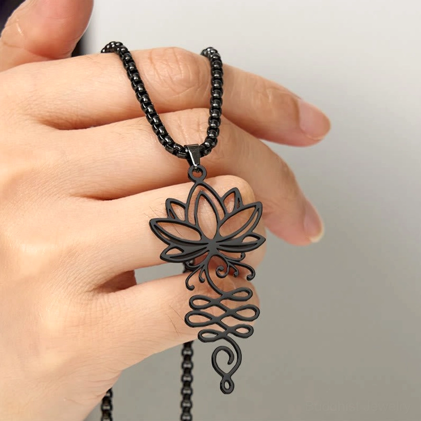 Lotus unalome chakra necklace stainless steel pendant craftsmanship detail view