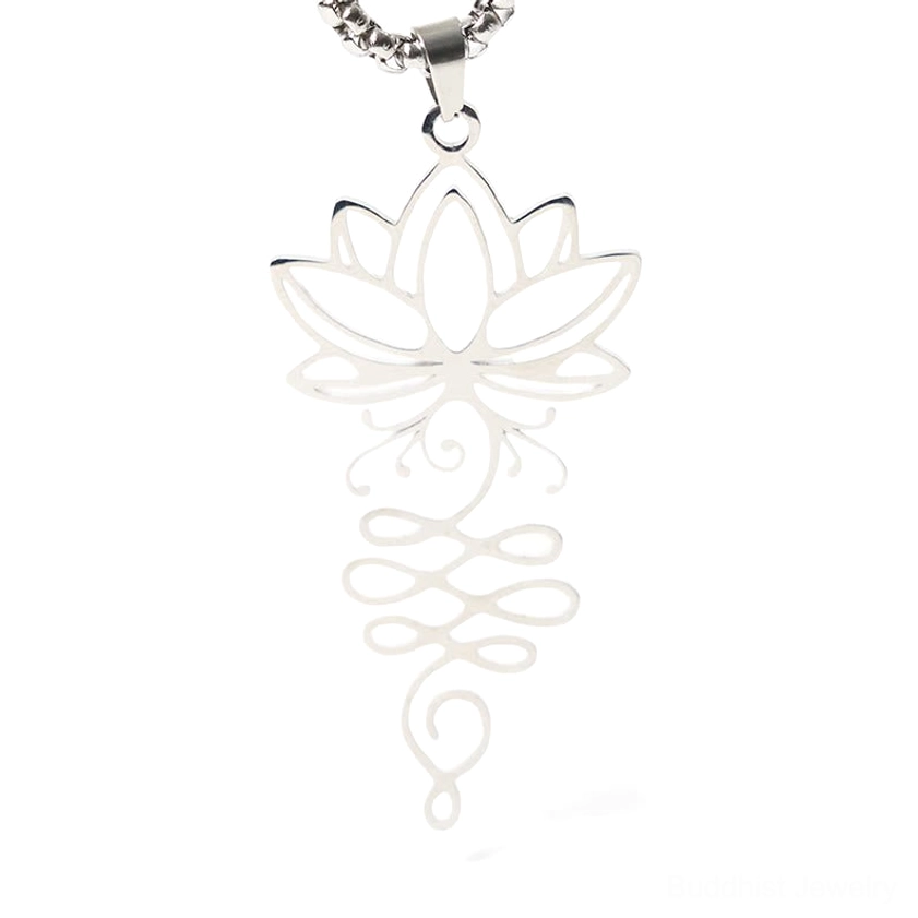 Lotus unalome Buddhist pendant minimalist hollow carved design silver tone white background
