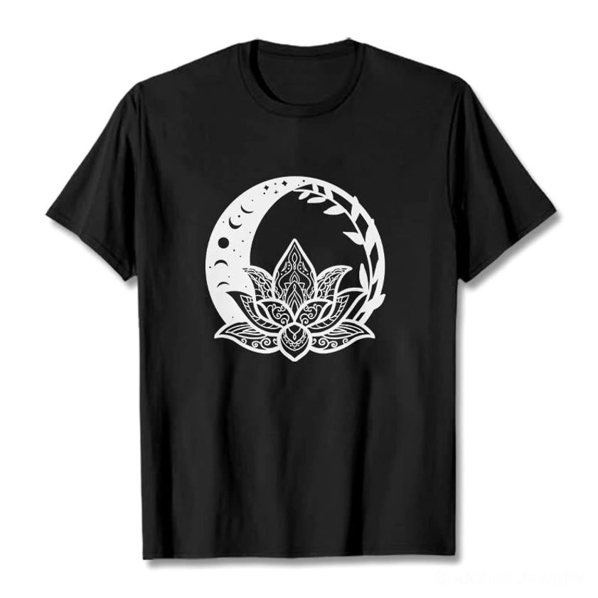 Black Buddhist graphic t-shirt white mandala lotus vine print front flat lay studio