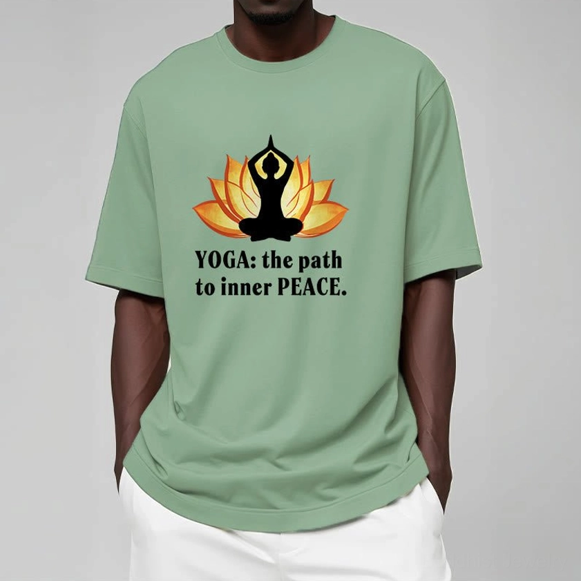 Male model wearing bisque cream yoga t-shirt lotus design casual indoor styling