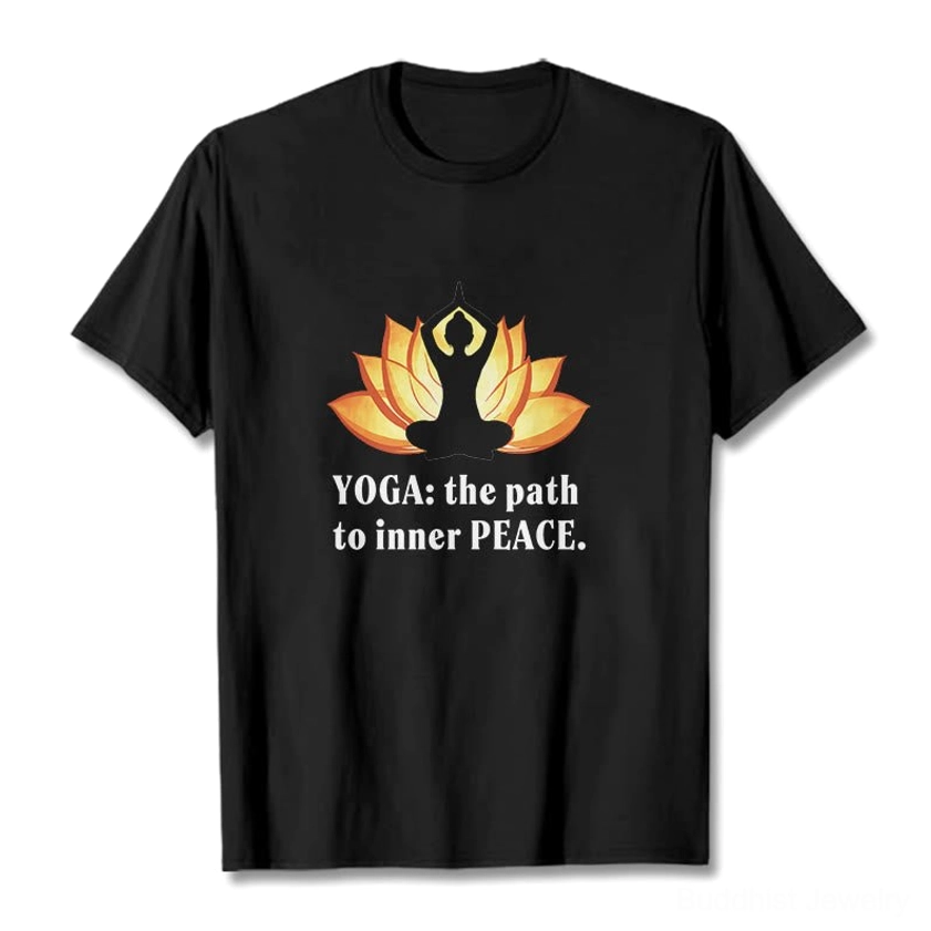 Pure black lotus yoga t-shirt flat lay front view with white text yoga slogan print
