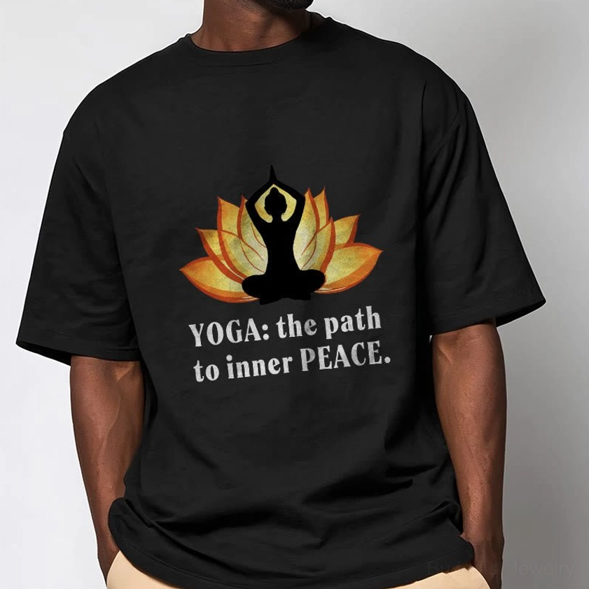 Male model wearing black yoga inner peace t-shirt with lotus design casual appearance