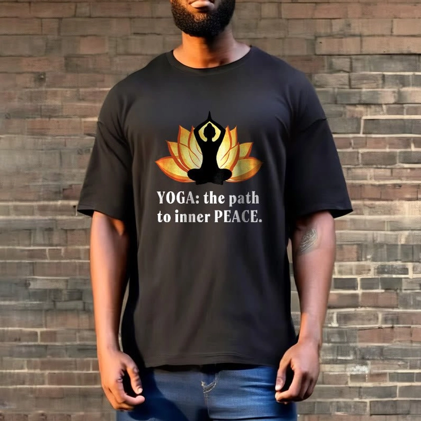 Male model charcoal black yoga t-shirt brick wall background lotus slogan design