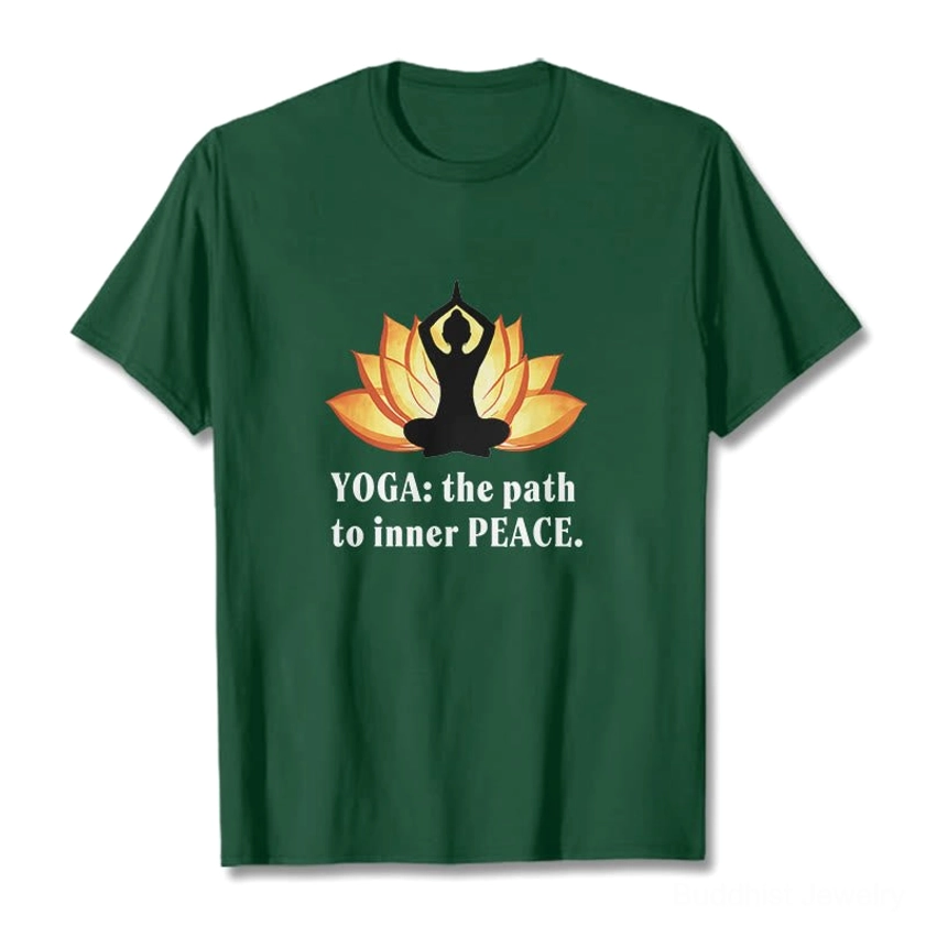 Dark green lotus yoga t-shirt flat lay front view with white text and lotus print