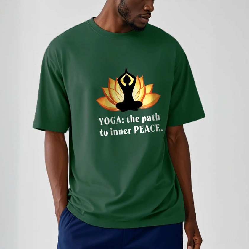 Male model wearing dark green yoga inner peace t-shirt with lotus chest logo design