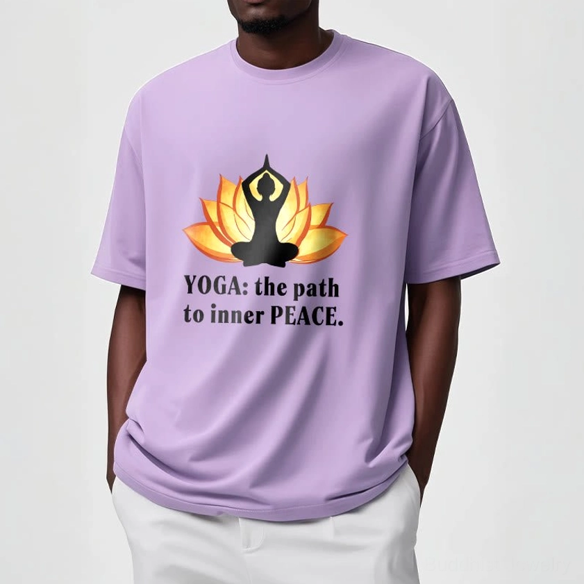 Female model wearing light grey yoga t-shirt with lotus slogan outdoor casual look