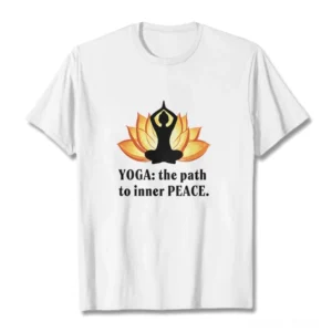 Lotus yoga inner peace white t-shirt flat lay front view with chest printed design