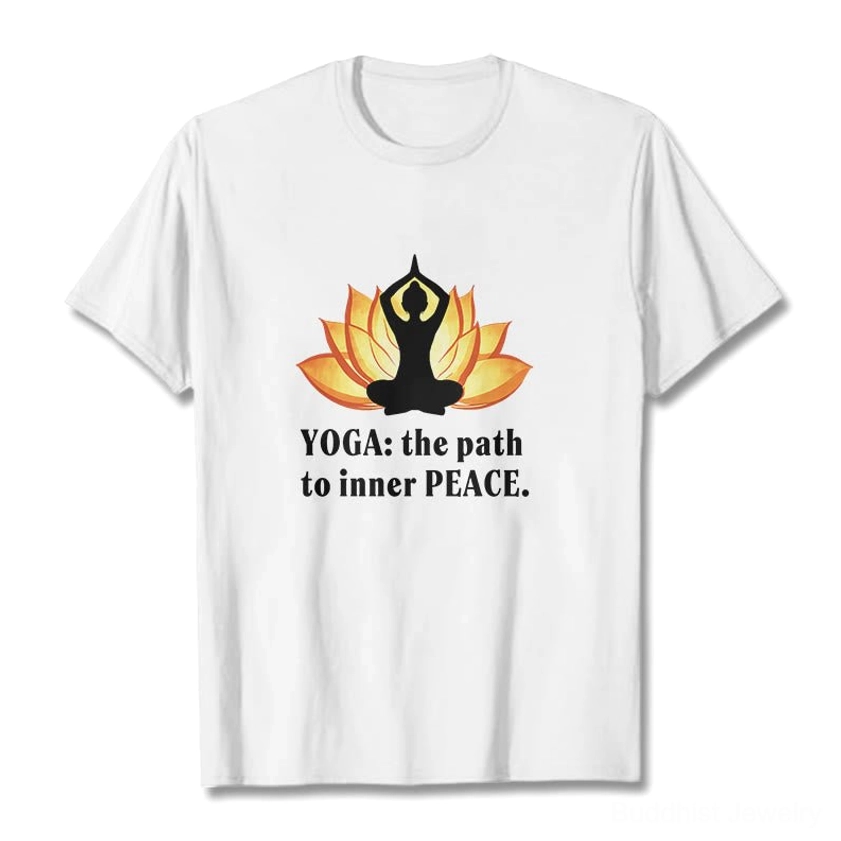 Lotus yoga inner peace white t-shirt flat lay front view with chest printed design