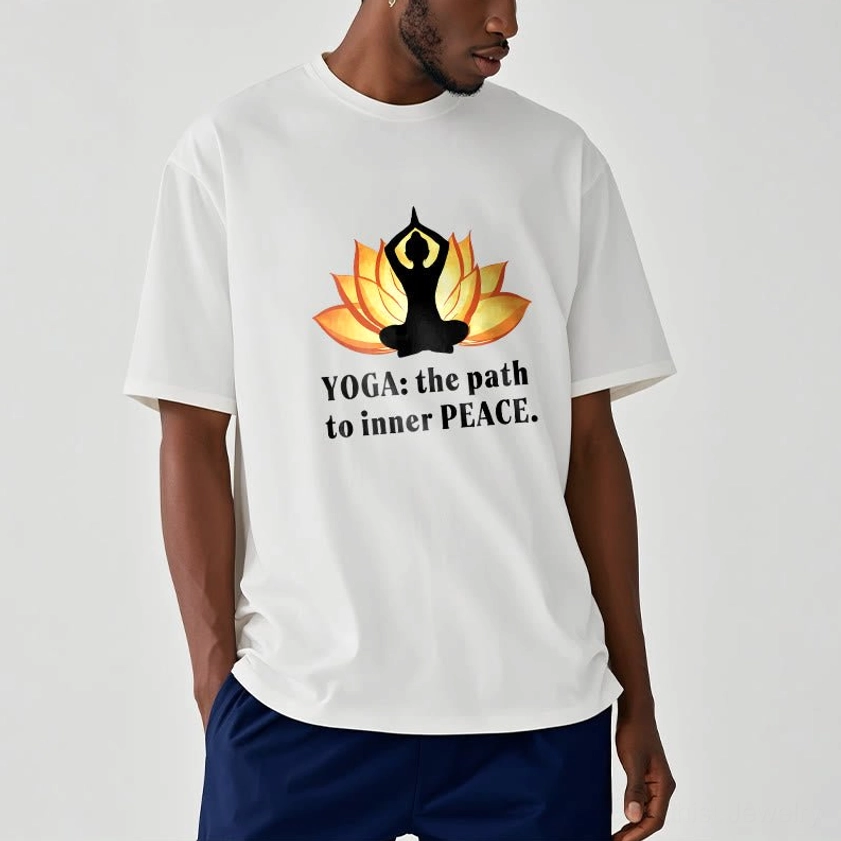 Male model wearing white lotus yoga inner peace t-shirt with slogan print casual style
