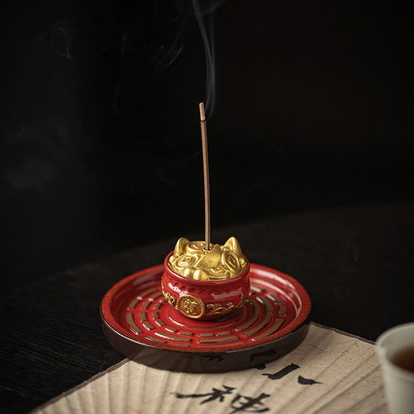 Lucky bag style ceramic incense burner with compact design perfect for desk and office meditation practice