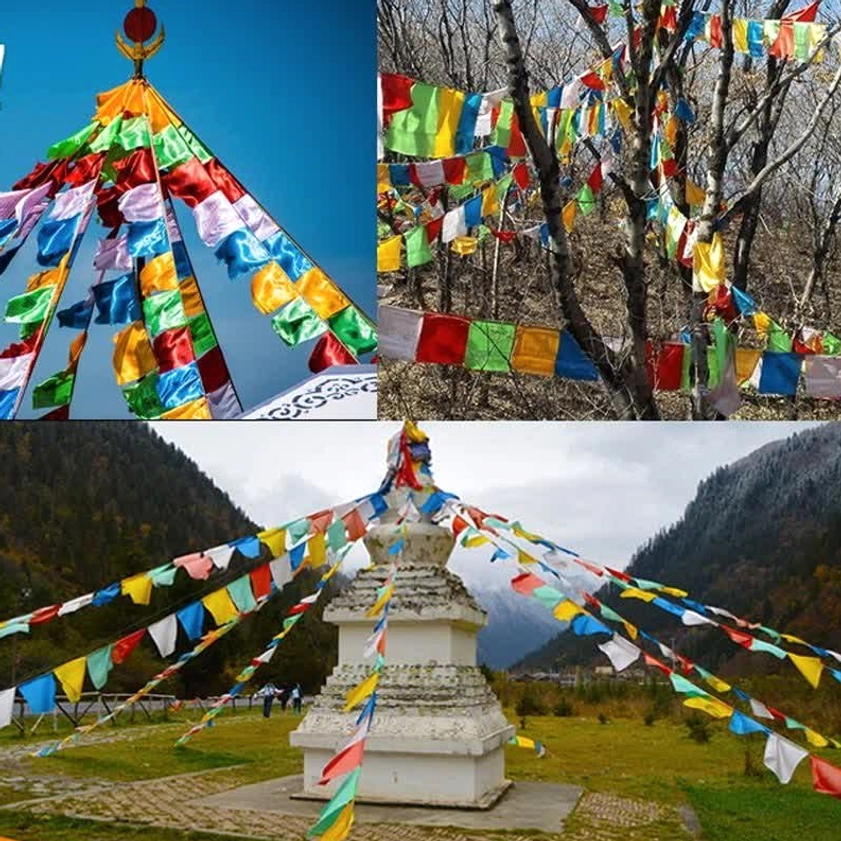 Buddhist prayer flag close-up showing detailed windhorse lungh celestial horse symbol