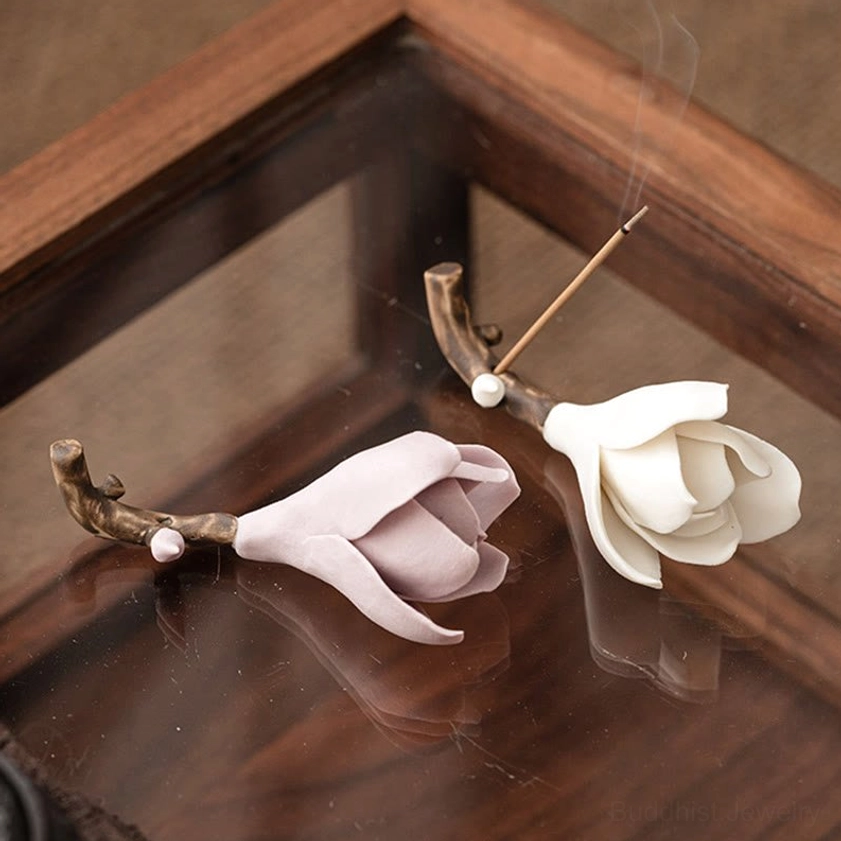Ceramic magnolia incense holder accessory featuring brown branch design with incense stick placement for mindfulness practice