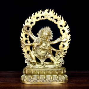 Mahakala six-armed copper statue frontal view with brass golden finish, flame aureole, and lotus pedestal - Buddhist deity statue for meditation and spiritual protection