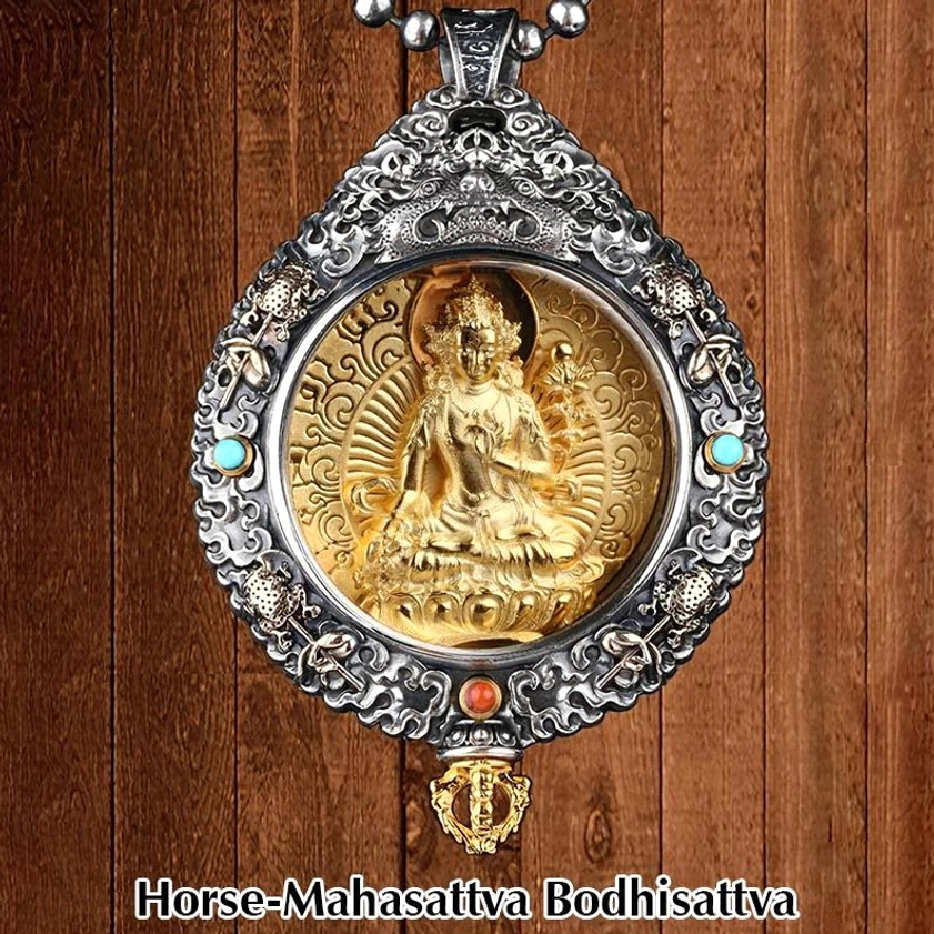 Mahasattva Bodhisattva Ksitigarbha zodiac pendant for Horse sign with gold relief and retro silver carved details