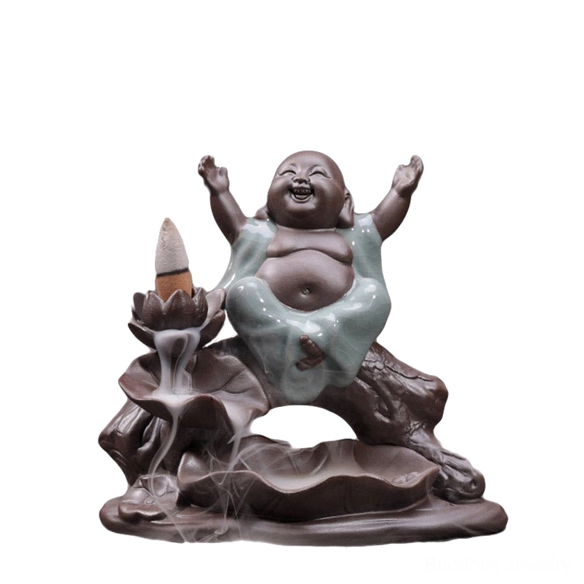 Happy Maitreya Buddha ceramic backflow incense burner, white background product display, dark brown ceramic with celadon glaze details, flowing incense smoke meditation art