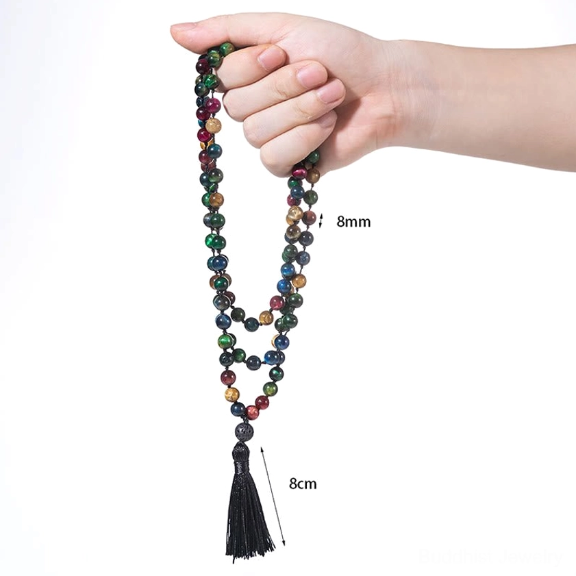 8mm tiger eye bead size measurement and 8cm tassel length specifications close-up