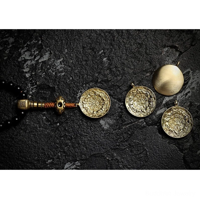 Buddhist mala meditation beads with brass medallions black onyx and loose tiger eye stone