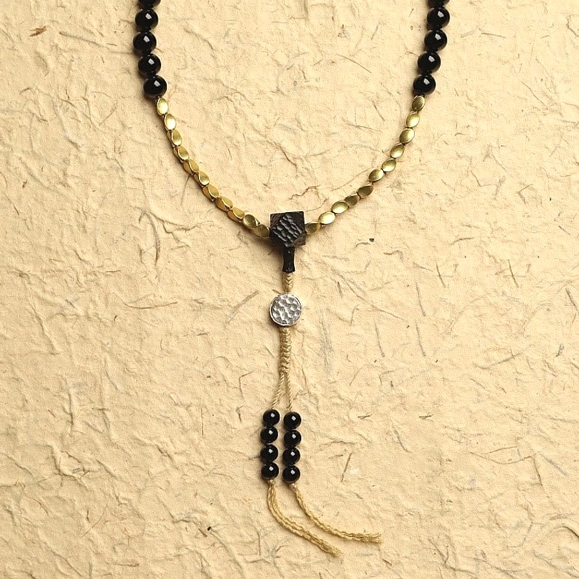 Mala beads with copper accents black onyx dzi spiritual meditation bracelet