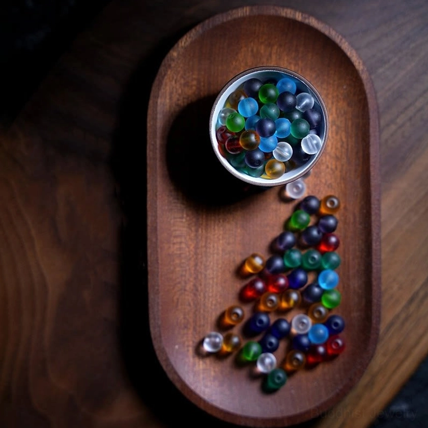 Multicolor Liuli glass mala beads with non-elastic string option and vintage metal spiritual pendant charms
