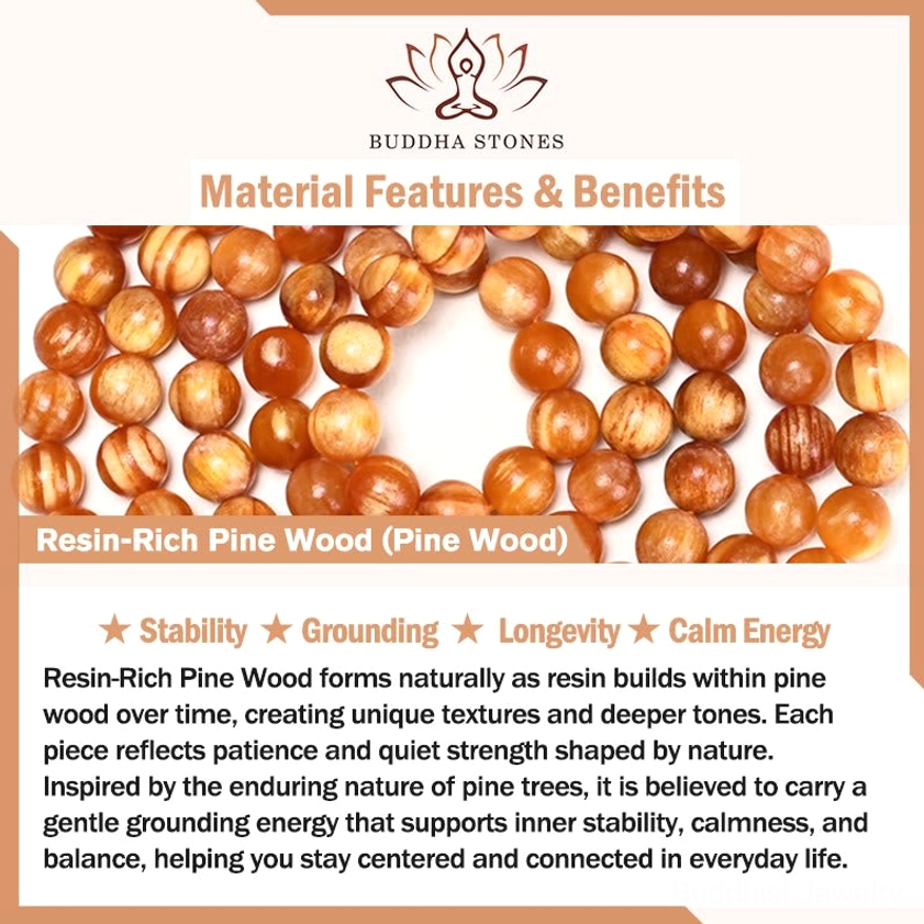 Resin-rich pine wood mala beads product information card with benefits and specifications text
